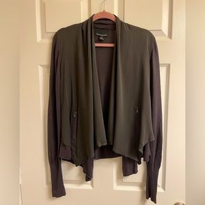 Cynthia Rowley mixed fabric olive/grey knit open front waterfall blazer sz M